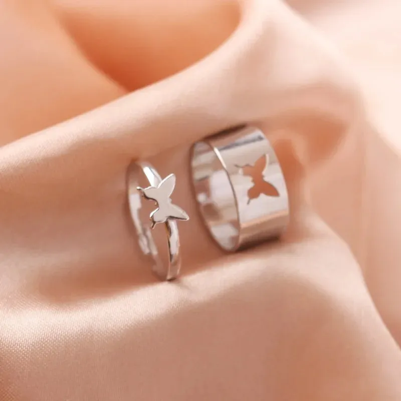 Silver Color Butterfly Rings For Women Men Lover Couple Ring Set Friendship Engagement Wedding Band Open Ring