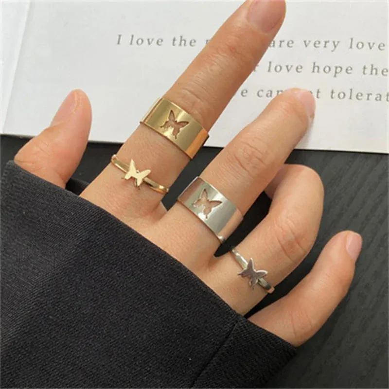 Silver Color Butterfly Rings For Women Men Lover Couple Ring Set Friendship Engagement Wedding Band Open Ring