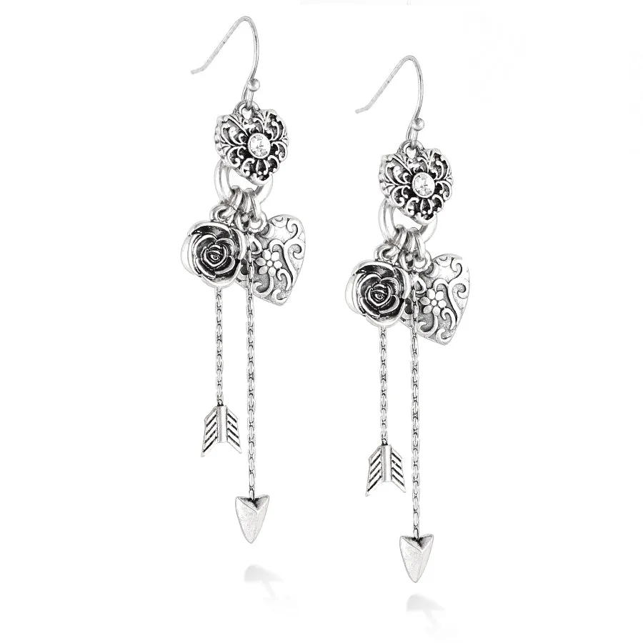 SILVER FILIGREE HEART ARROW AND FLOWER CRYSTAL DROP EARRINGS #211BK3101 (4E5)