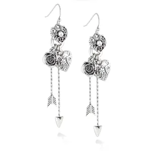 SILVER FILIGREE HEART ARROW AND FLOWER CRYSTAL DROP EARRINGS #211BK3101 (4E5)