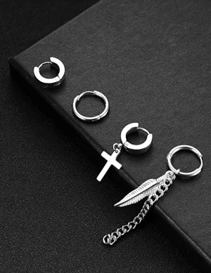 Silver Stainless Steel Cross Hoop Earrings
