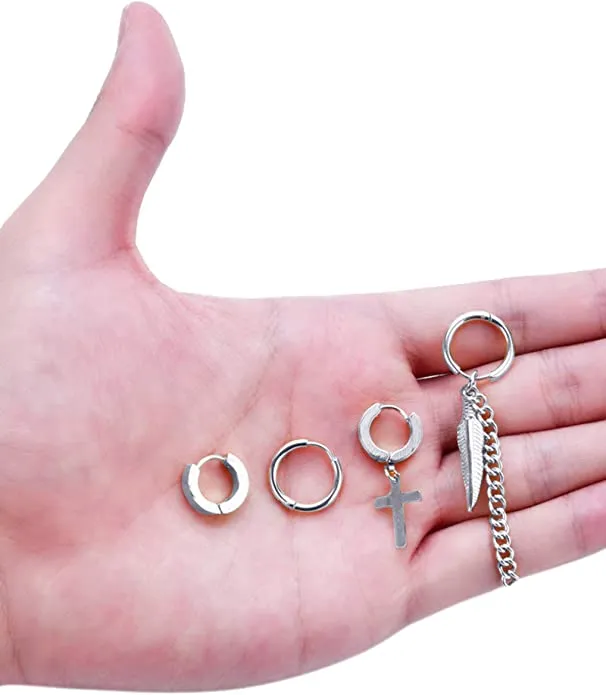 Silver Stainless Steel Cross Hoop Earrings
