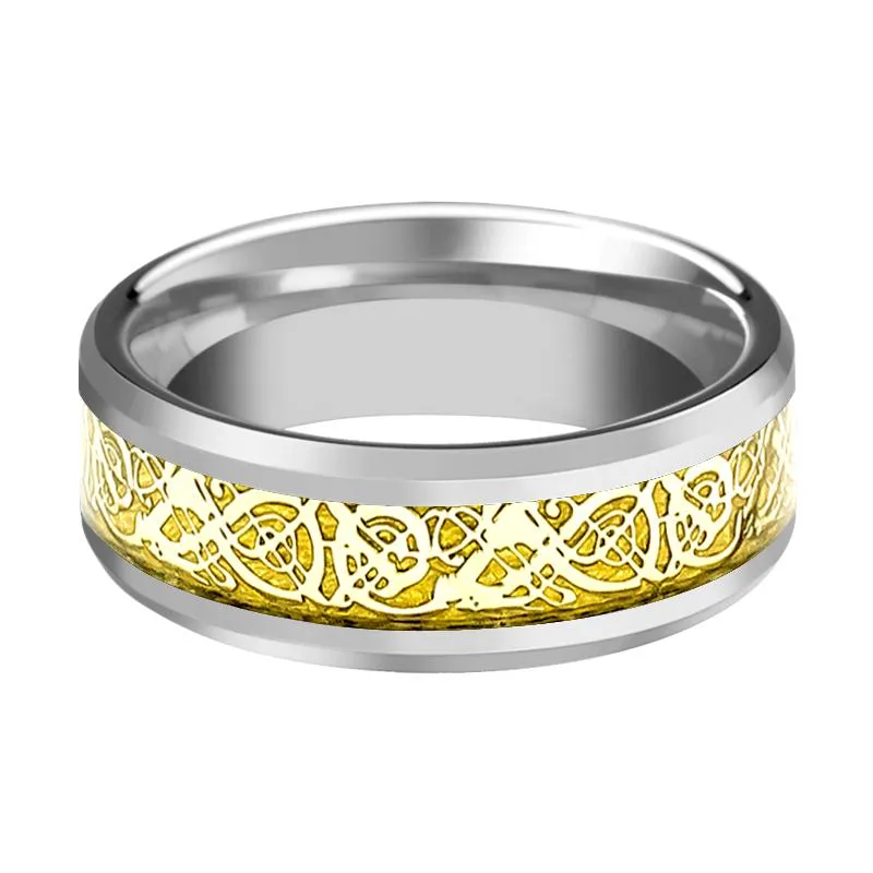 Silver Tungsten Carbide Ring for Men with Gold Celtic Dragon Inlay & Beveled Edges - 8MM