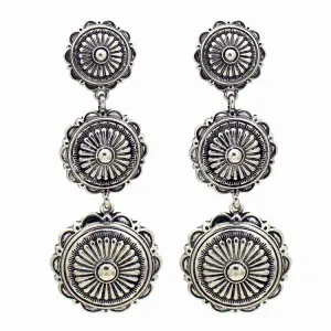 Silver Western Triple Round Concho Drop Earrings