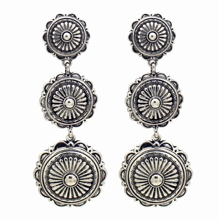 Silver Western Triple Round Concho Drop Earrings