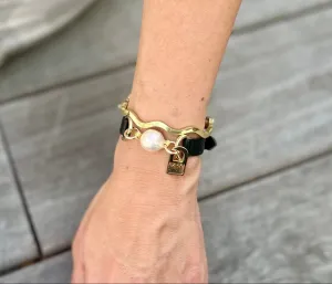 Single Wrap Black Leather Bracelet with Pearl