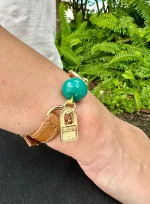 Single Wrap Camel Leather Bracelet with Green Turquoise Stone