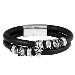 Skull beaded black sterling silver double wrap bracelet