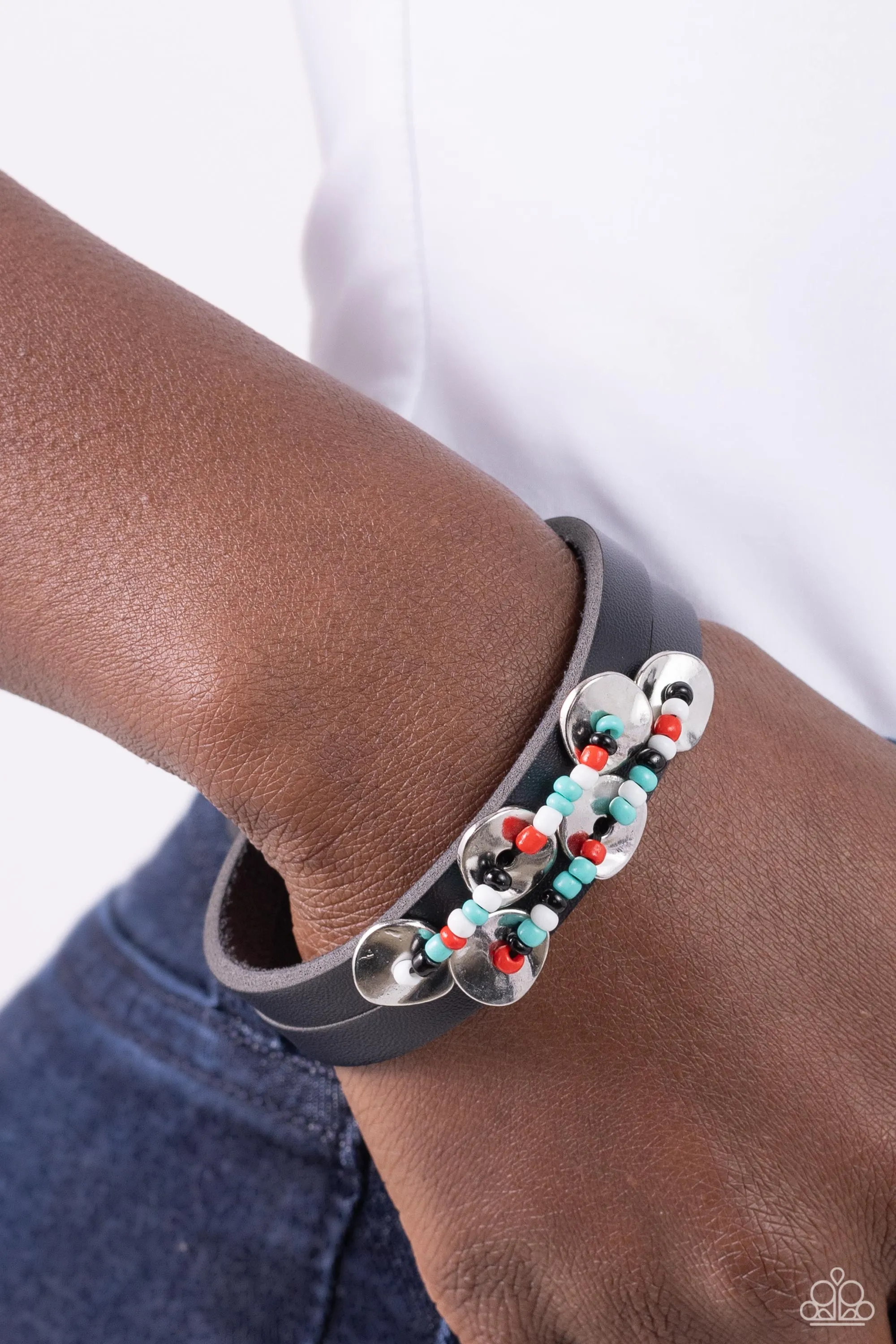 Social Sashay - Black - Red, Blue, Black, and White Seed Bead Black Leather Paparazzi Snap Wrap Bracelet