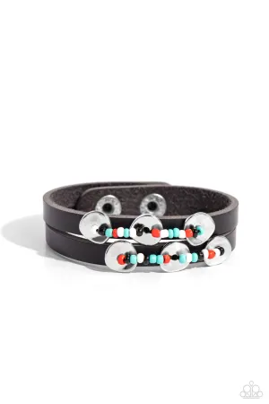 Social Sashay - Black - Red, Blue, Black, and White Seed Bead Black Leather Paparazzi Snap Wrap Bracelet