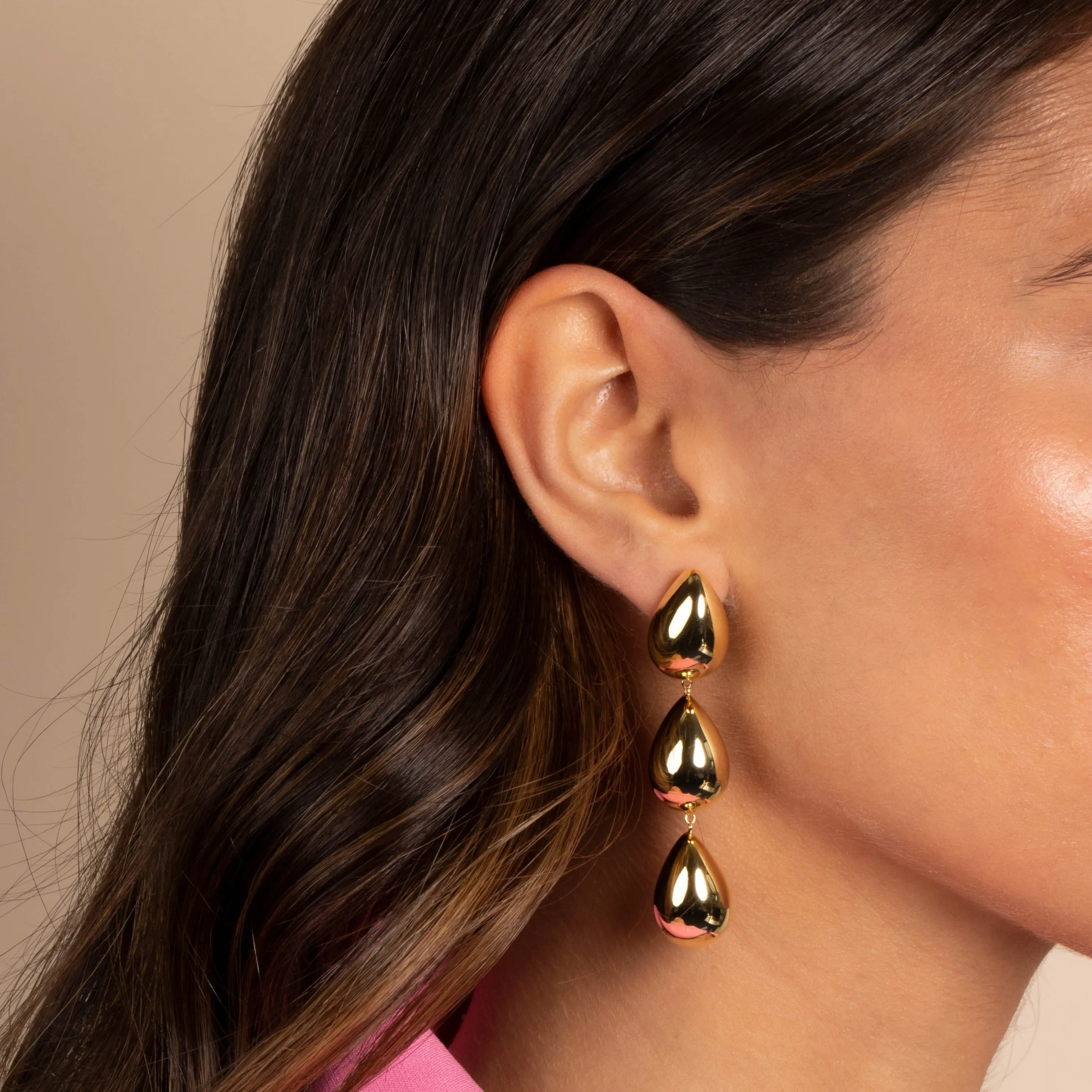 Solid Triple Puffy Teardrop Drop Stud Earring