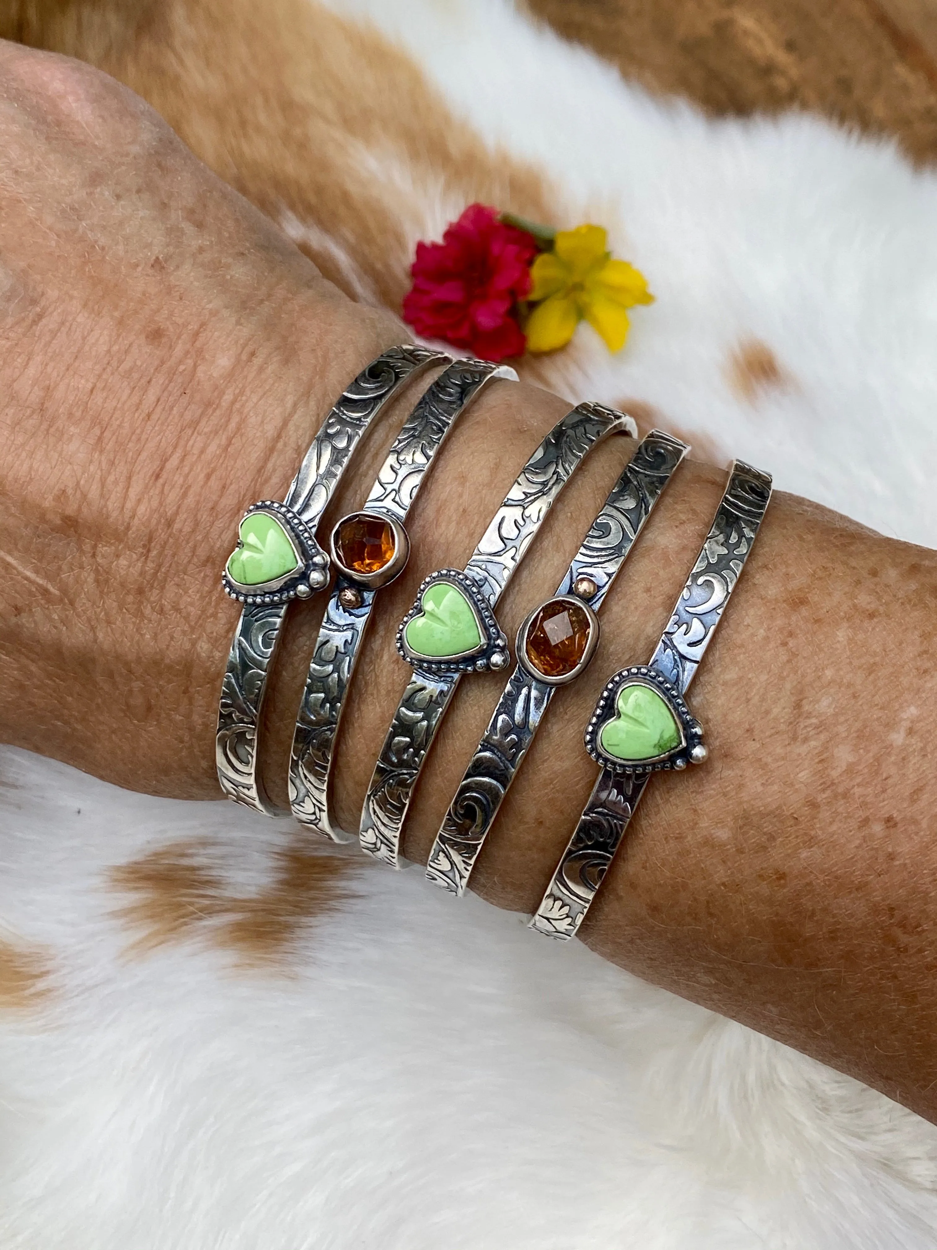 Southwest floral mini garnet and gaspeite cuffs