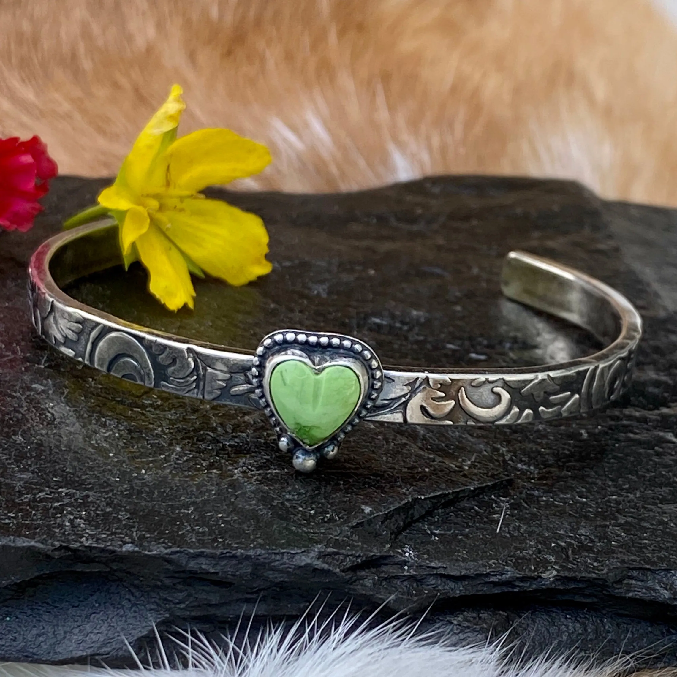 Southwest floral mini garnet and gaspeite cuffs