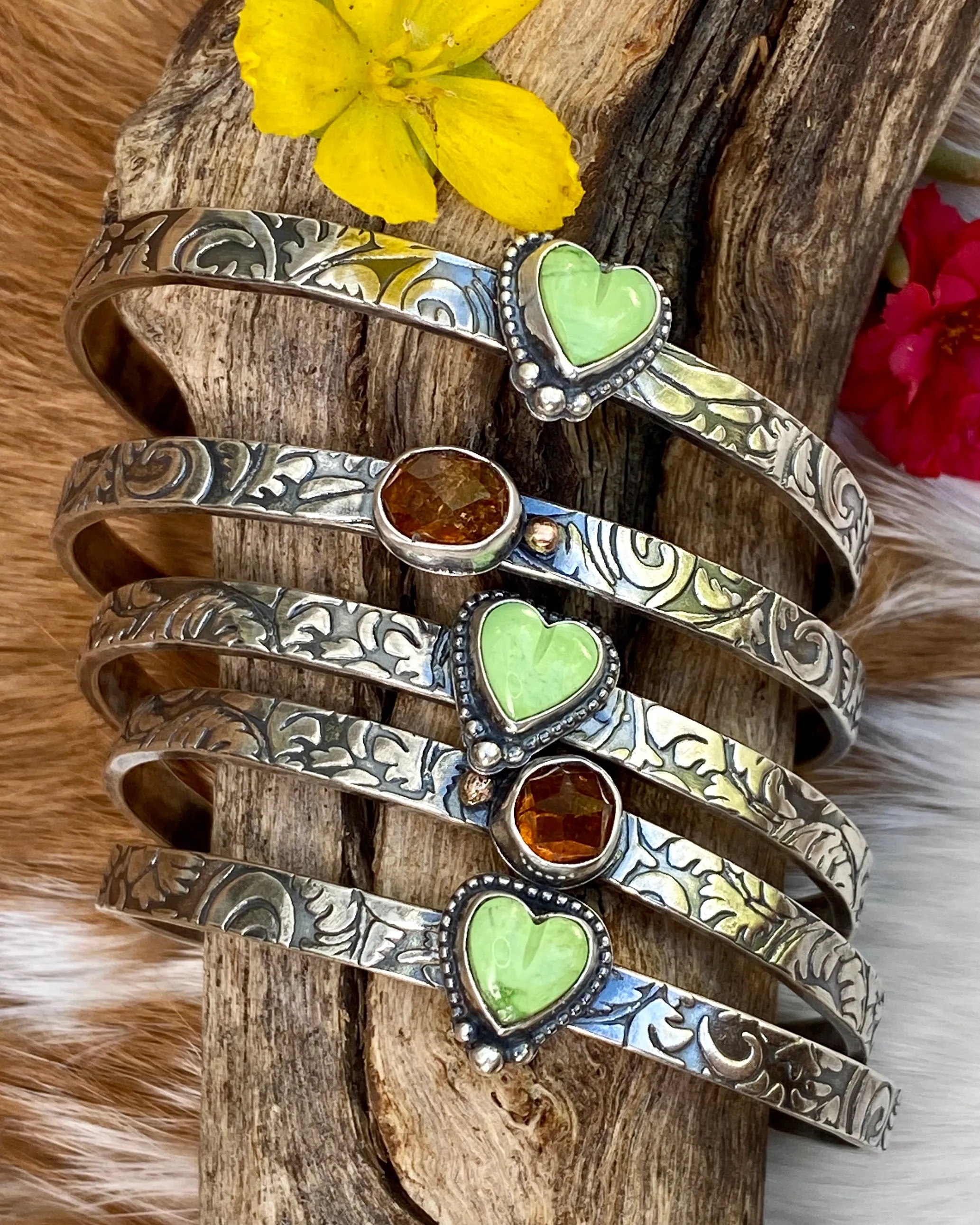 Southwest floral mini garnet and gaspeite cuffs