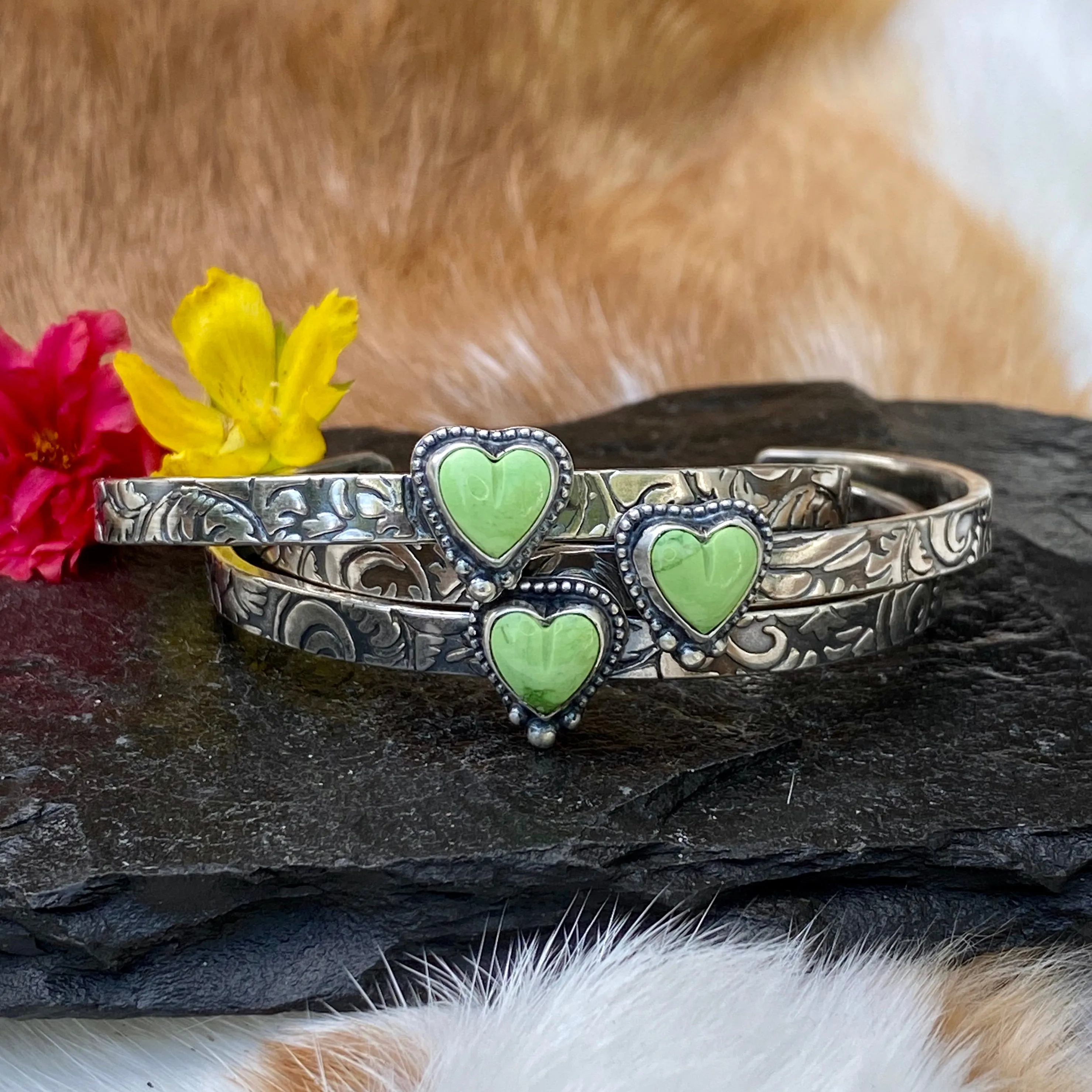 Southwest floral mini garnet and gaspeite cuffs