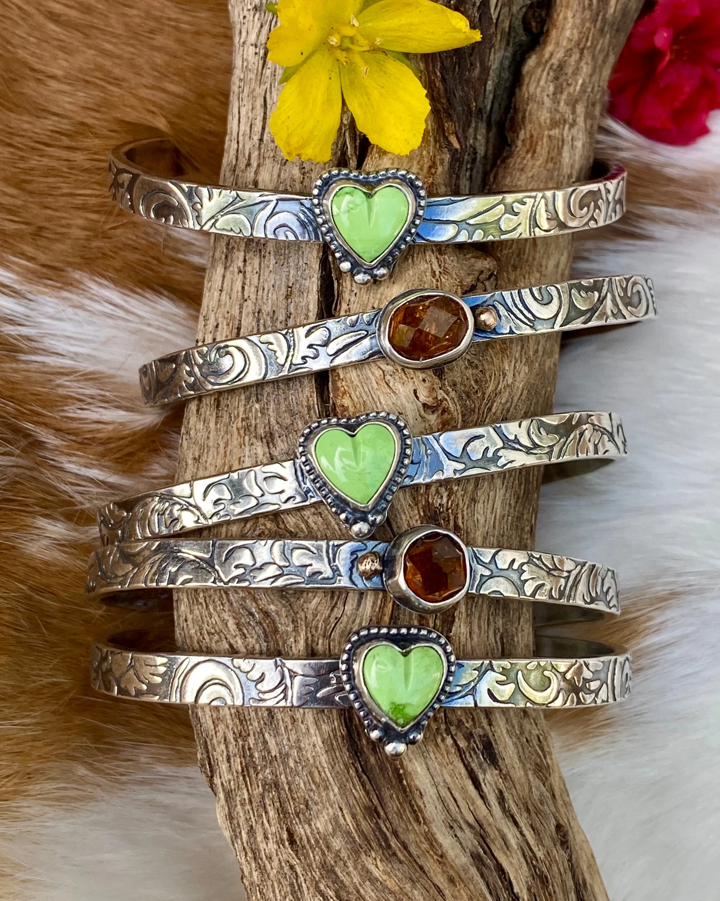 Southwest floral mini garnet and gaspeite cuffs