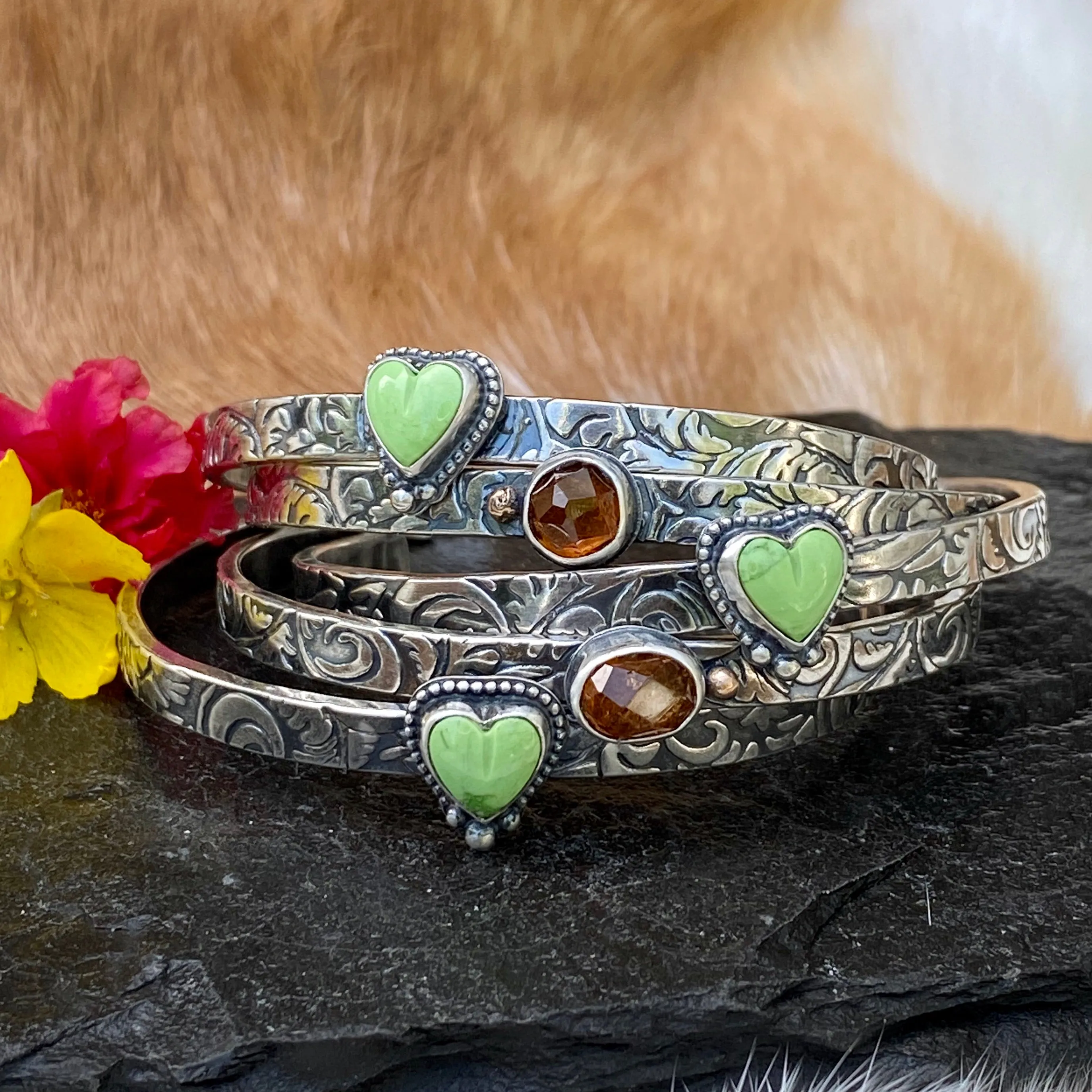 Southwest floral mini garnet and gaspeite cuffs