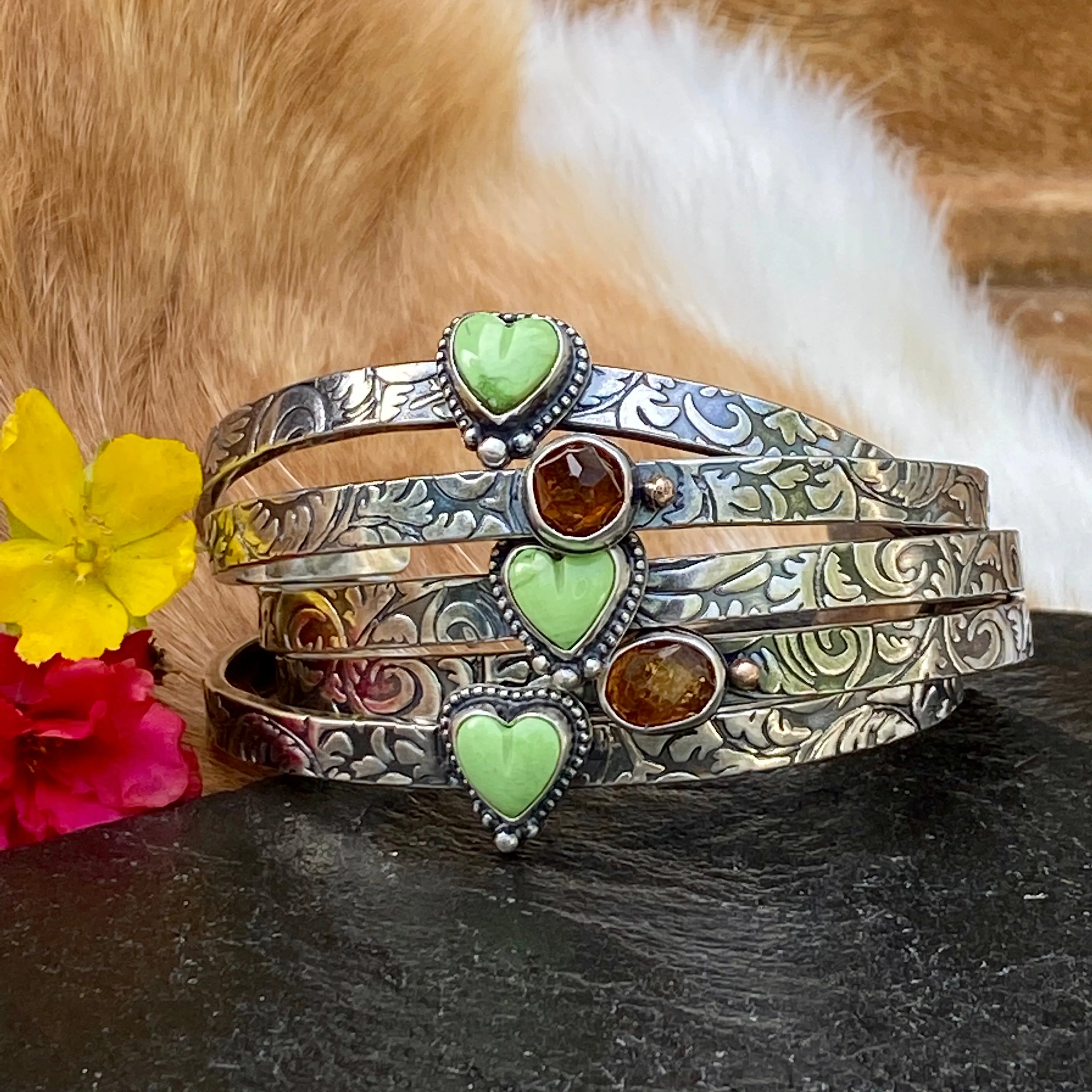 Southwest floral mini garnet and gaspeite cuffs