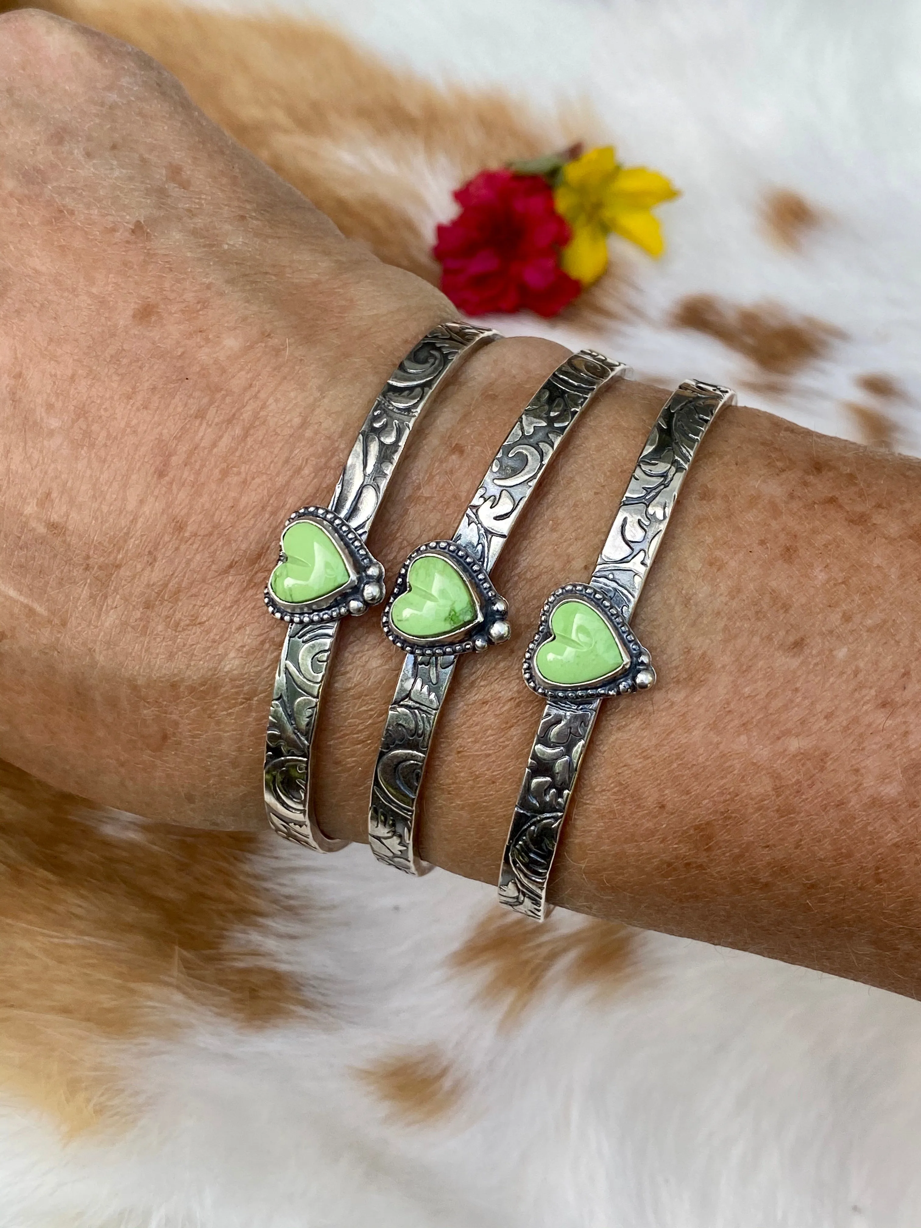 Southwest floral mini garnet and gaspeite cuffs
