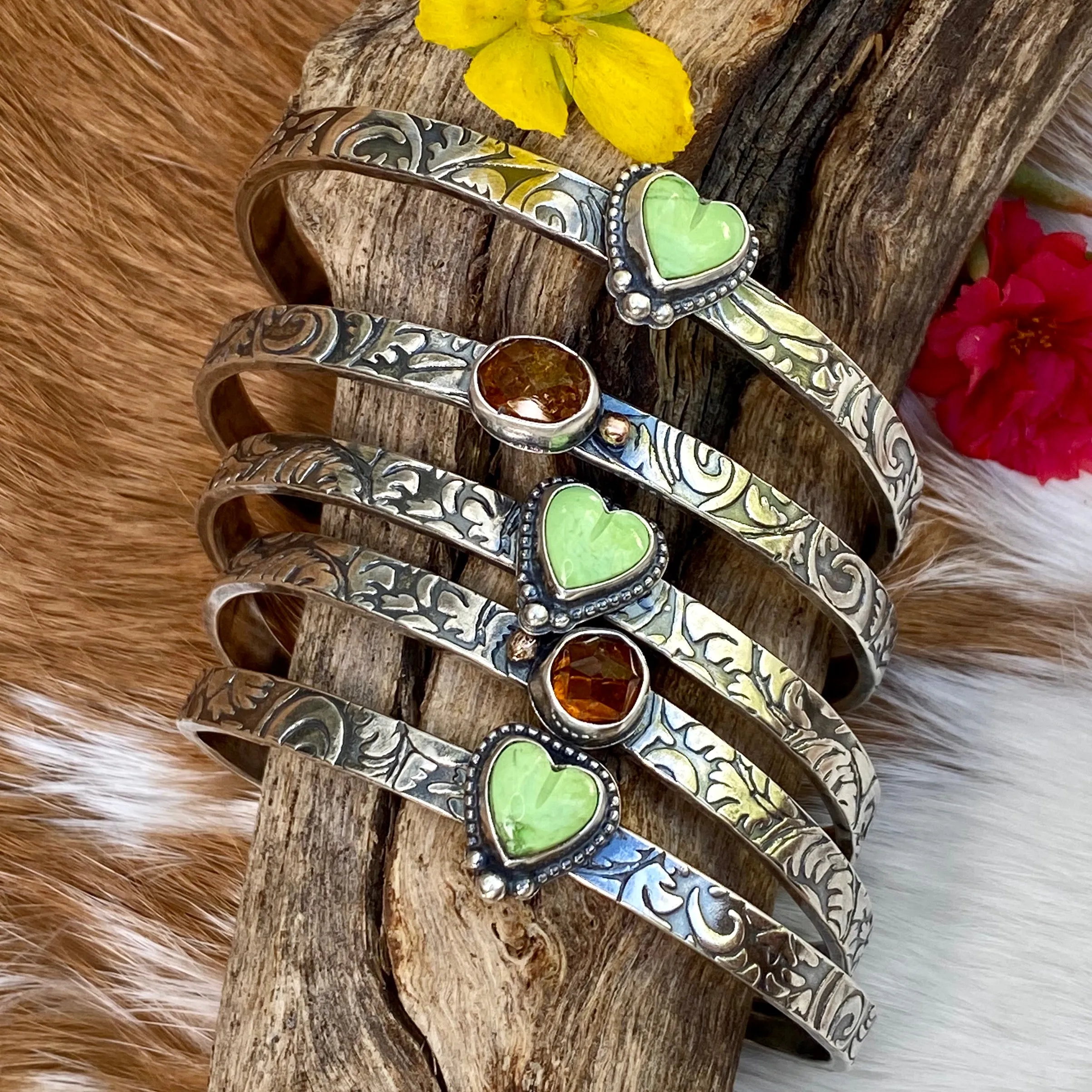 Southwest floral mini garnet and gaspeite cuffs