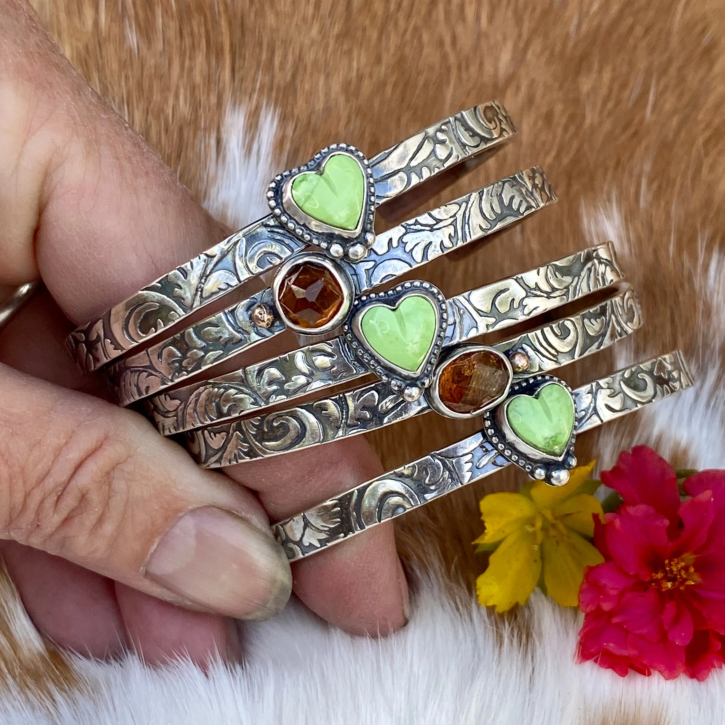 Southwest floral mini garnet and gaspeite cuffs