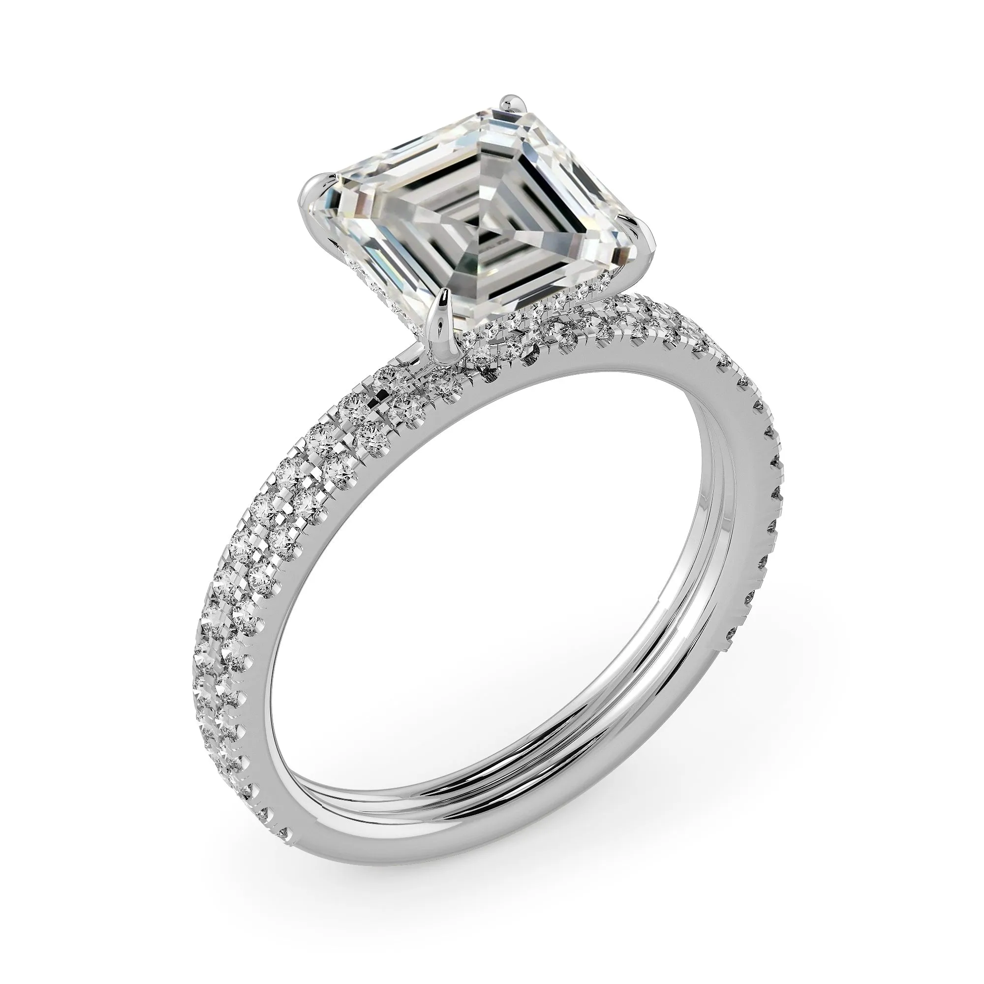 Squared Emerald Hidden Halo Pave Engagement Ring Set - 625