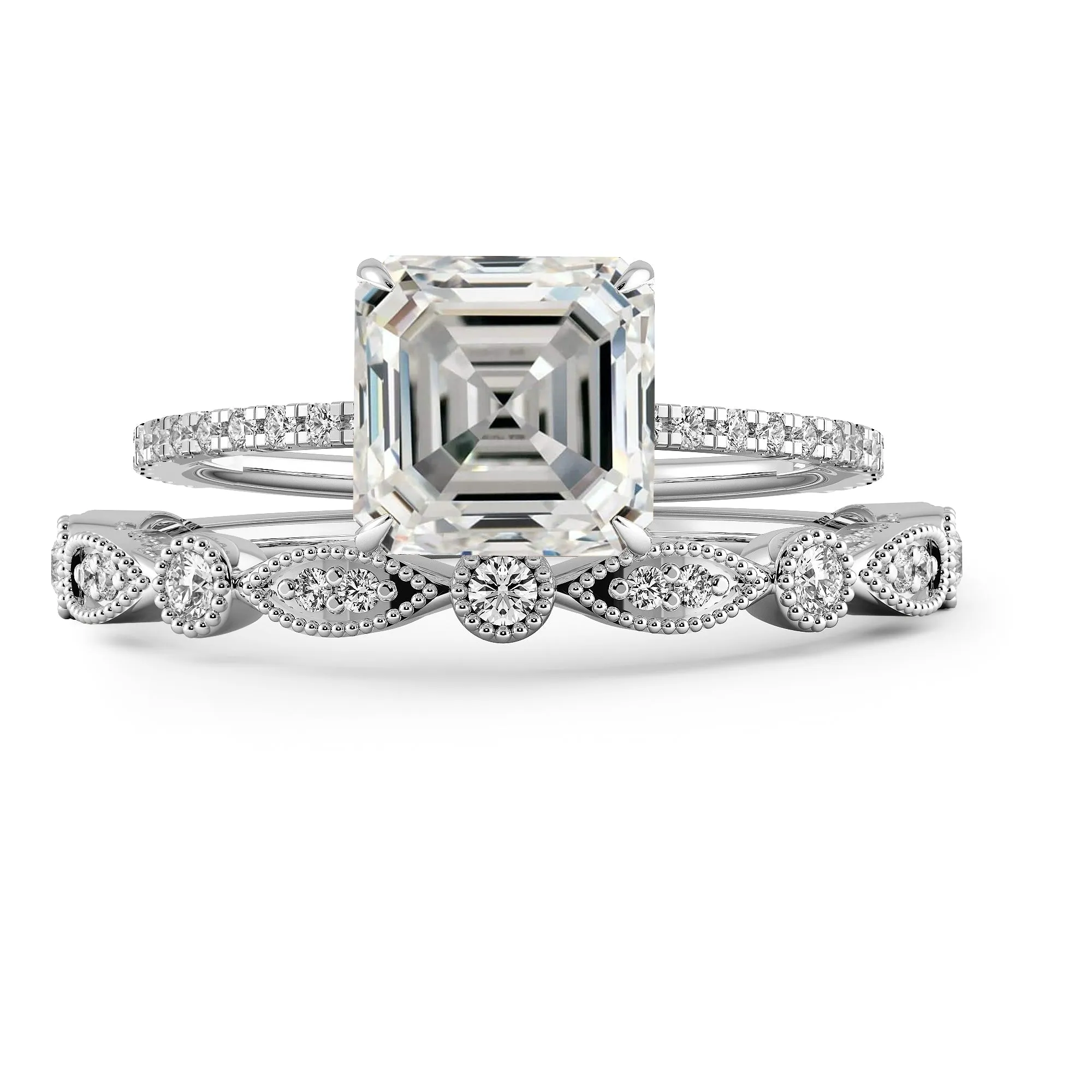 Squared Emerald Hidden Halo Pave Engagement Ring Set - 625