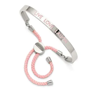 Stainless Steel Polished Pink Enamel & Nylon LIVE LOVE LAUGH Adj Bangle