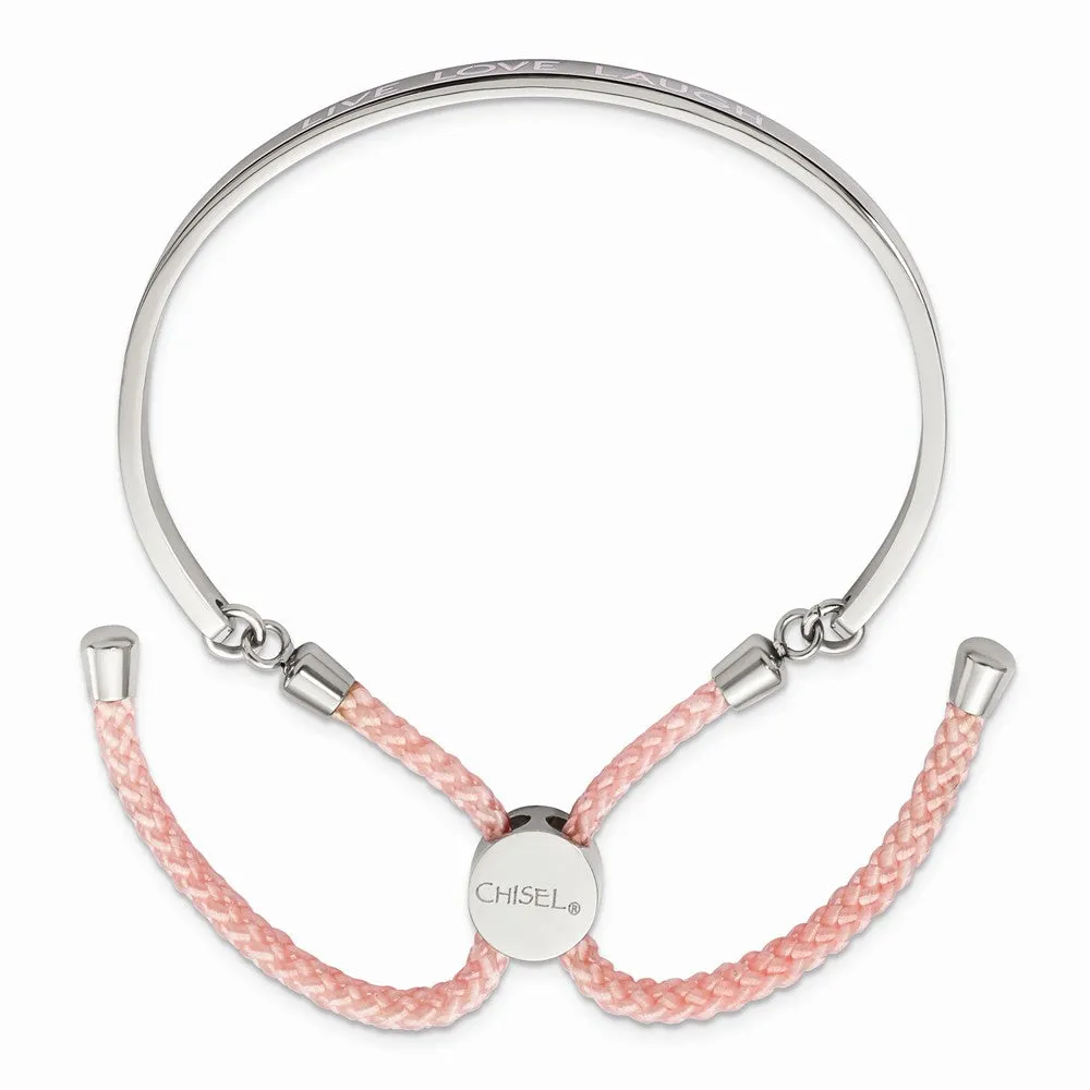 Stainless Steel Polished Pink Enamel & Nylon LIVE LOVE LAUGH Adj Bangle