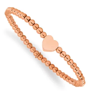 Stainless Steel Polished Rose IP-plated Heart Beaded Stretch Bracelet