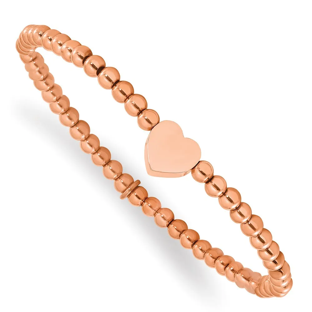 Stainless Steel Polished Rose IP-plated Heart Beaded Stretch Bracelet