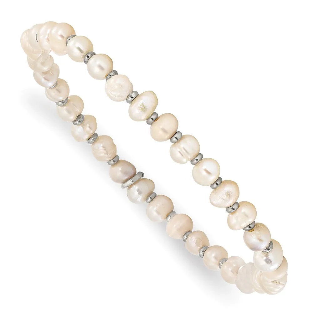Stainless Steel Polished w/Freshwater Cultured Pearl Stretch Bracelet