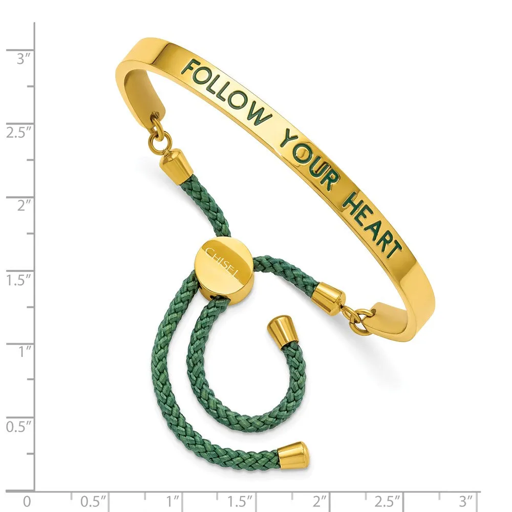 Stainless Steel Polished Yellow IP Green Enamel/Nylon FOLLOW Adj Bangle