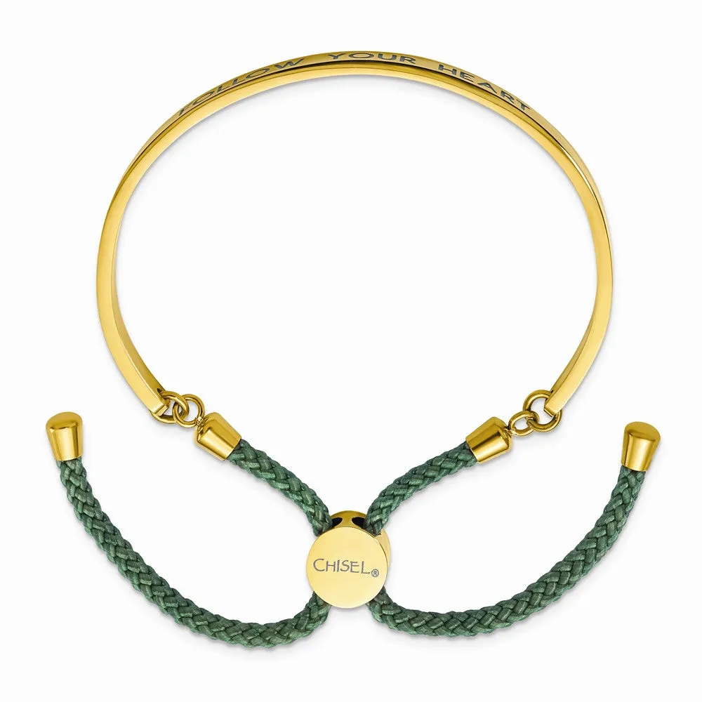 Stainless Steel Polished Yellow IP Green Enamel/Nylon FOLLOW Adj Bangle