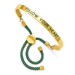 Stainless Steel Polished Yellow IP Green Enamel/Nylon FOLLOW Adj Bangle