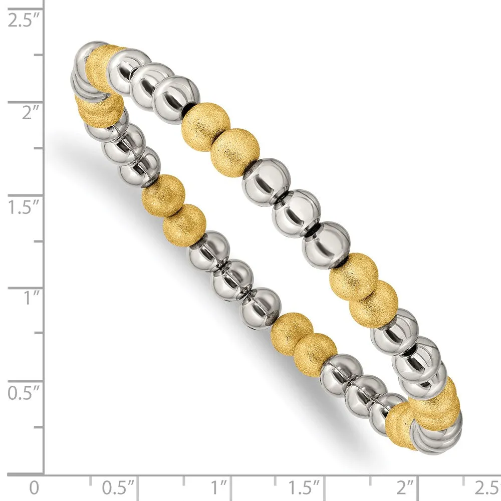 Stainless Steel Polished Yellow IP Sandblasted Beaded Stretch Bracelet