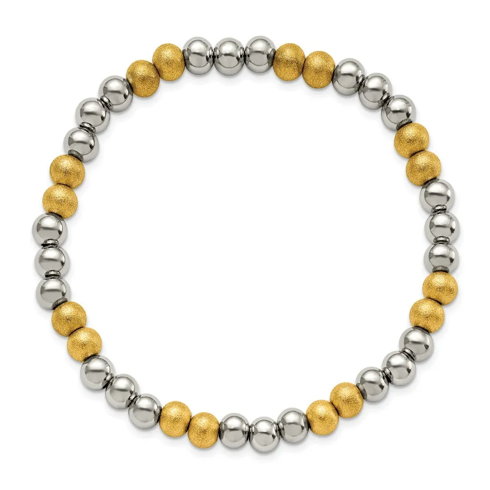 Stainless Steel Polished Yellow IP Sandblasted Beaded Stretch Bracelet