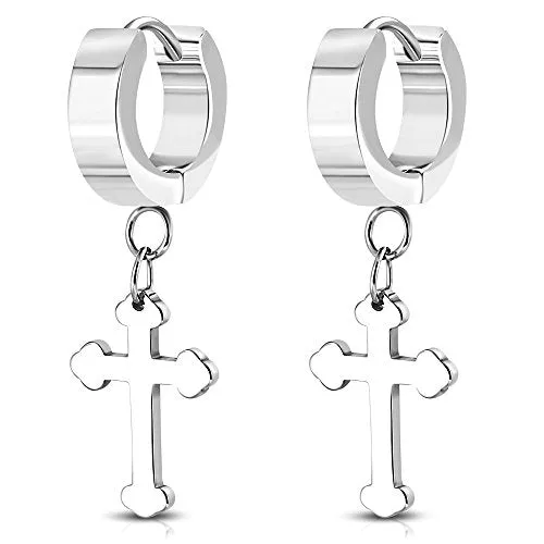 Stainless Steel Silver-Tone Cross Dangle Drop Hoop Earrings, 0.3"