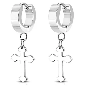 Stainless Steel Silver-Tone Cross Dangle Drop Hoop Earrings, 0.3"