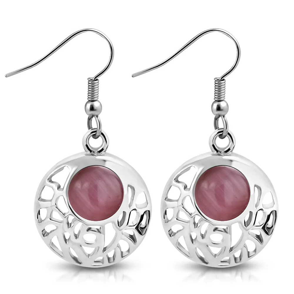 Stainless Steel Silver-Tone Pink Simulated Gemstone Drop Dangle Earrings