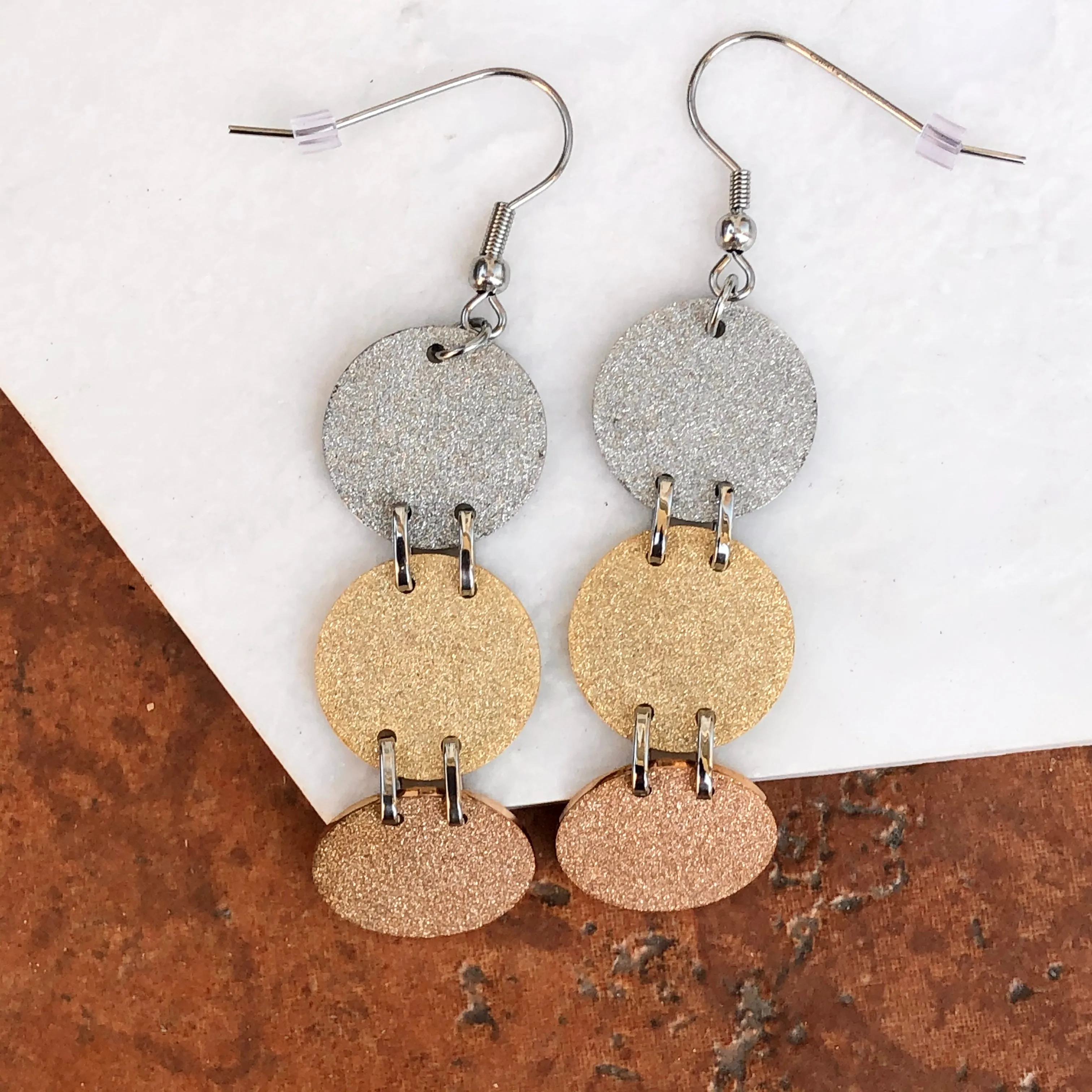 Stainless Steel Tri Color Matte Glitter Dangle Earrings