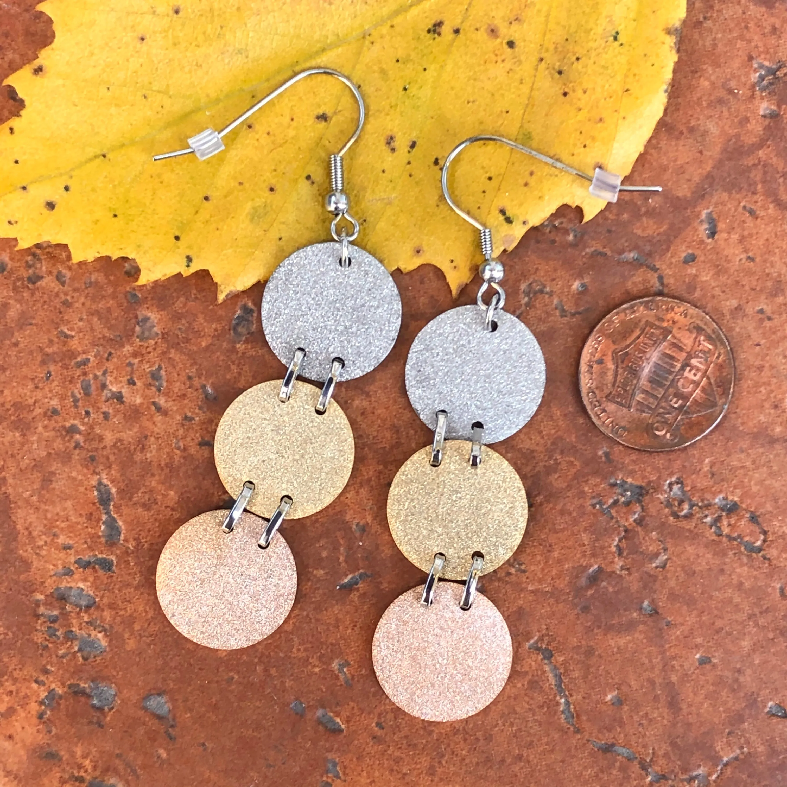 Stainless Steel Tri Color Matte Glitter Dangle Earrings