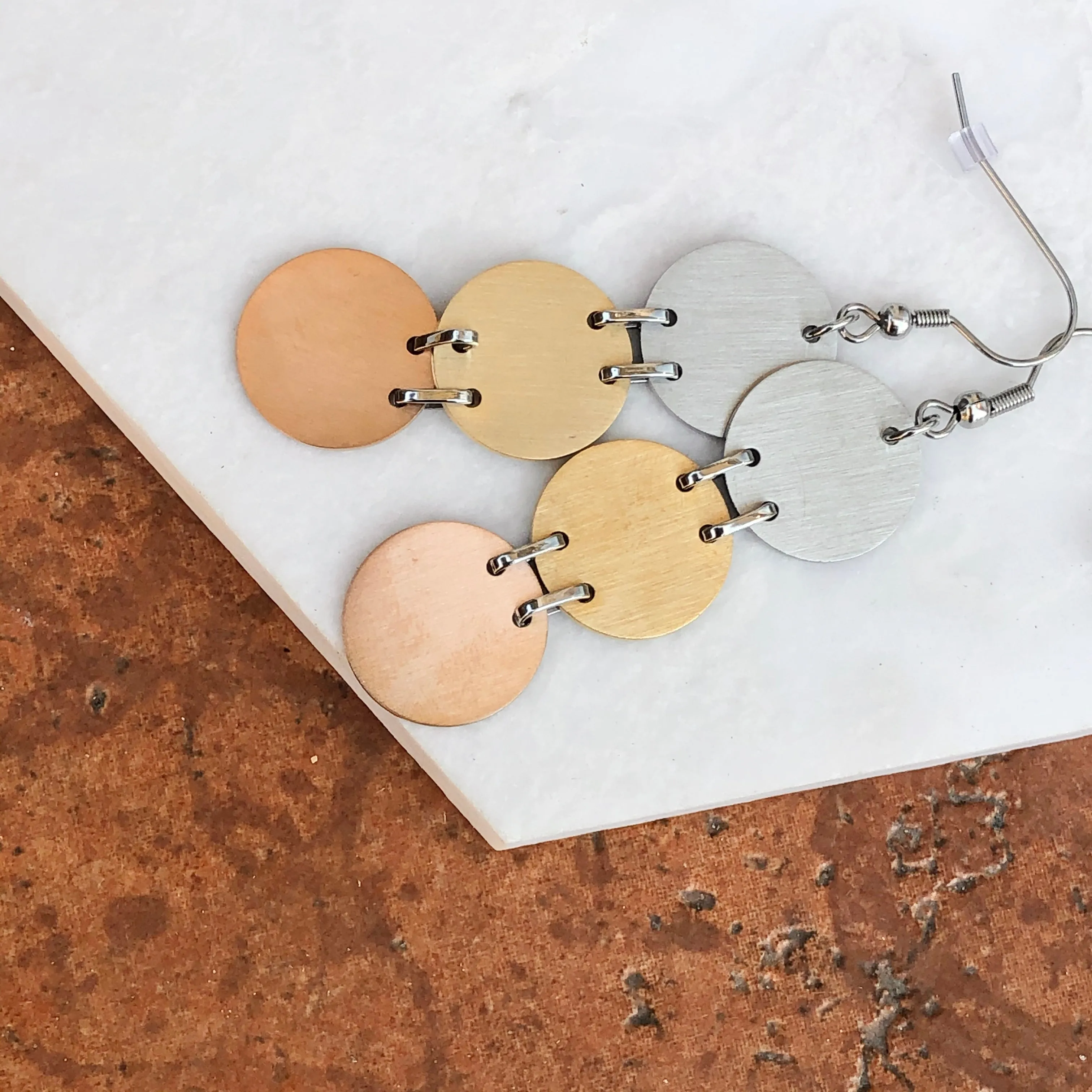 Stainless Steel Tri Color Matte Glitter Dangle Earrings
