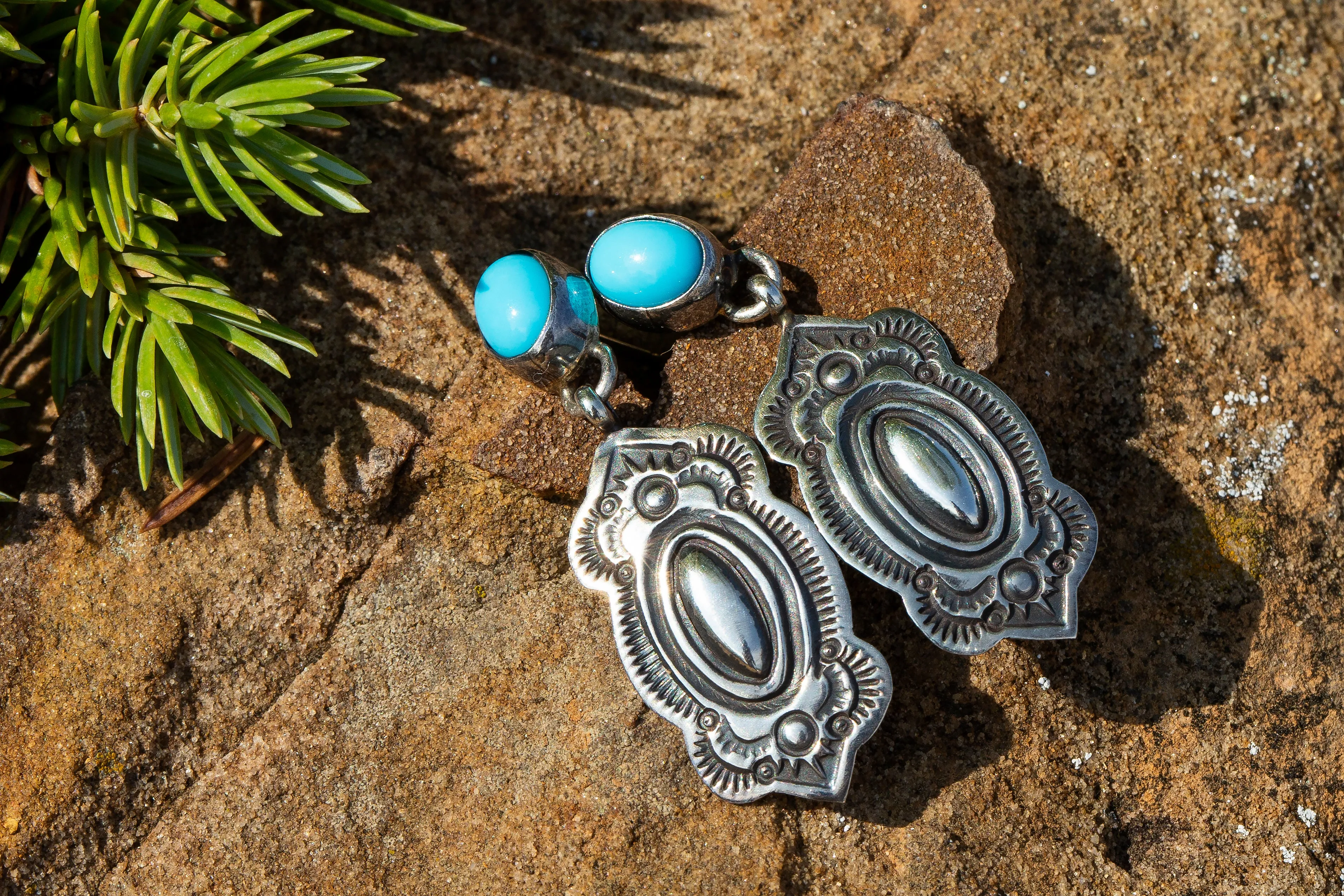Stamped Sterling Turquoise Dangle Earrings