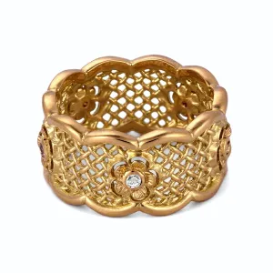 Statement Wedding Band Ring with Diamond Flowers in 18K Gold