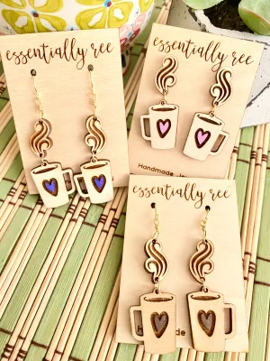 Steaming Coffee Mug Dangle Drop or Post Earrings