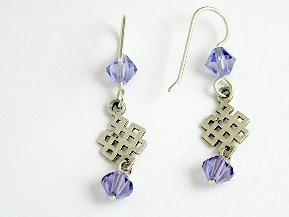 Sterling Silver Celtic knot dangle Earrings-Tibetan endless,purple crystal,knots