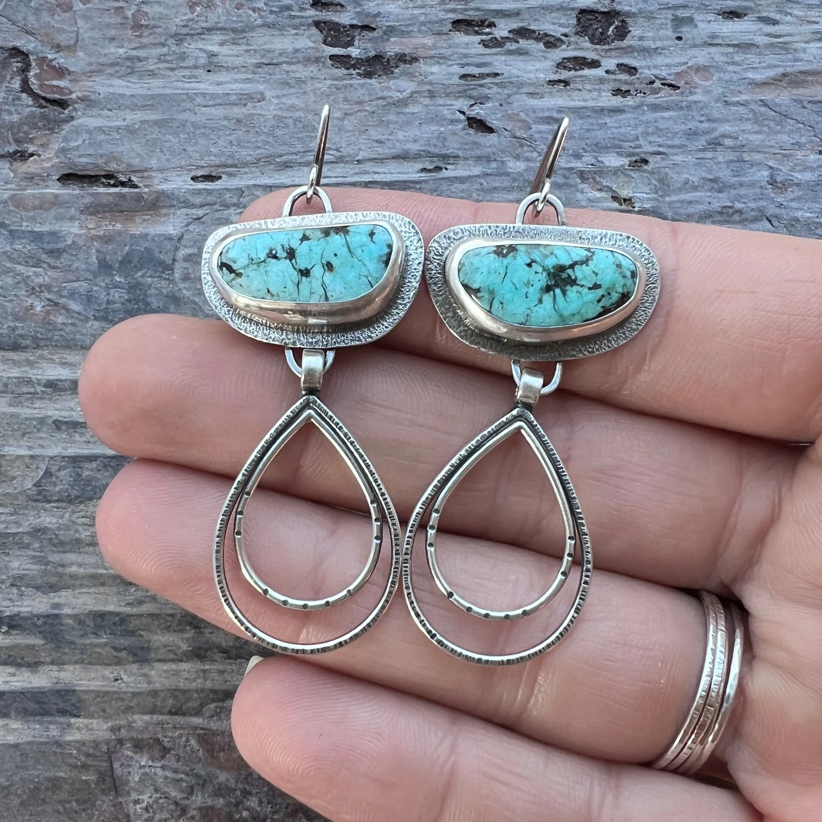 Sterling Silver Chrysocolla Earrings | Natural Stone and Teardrop Dangle Earrings