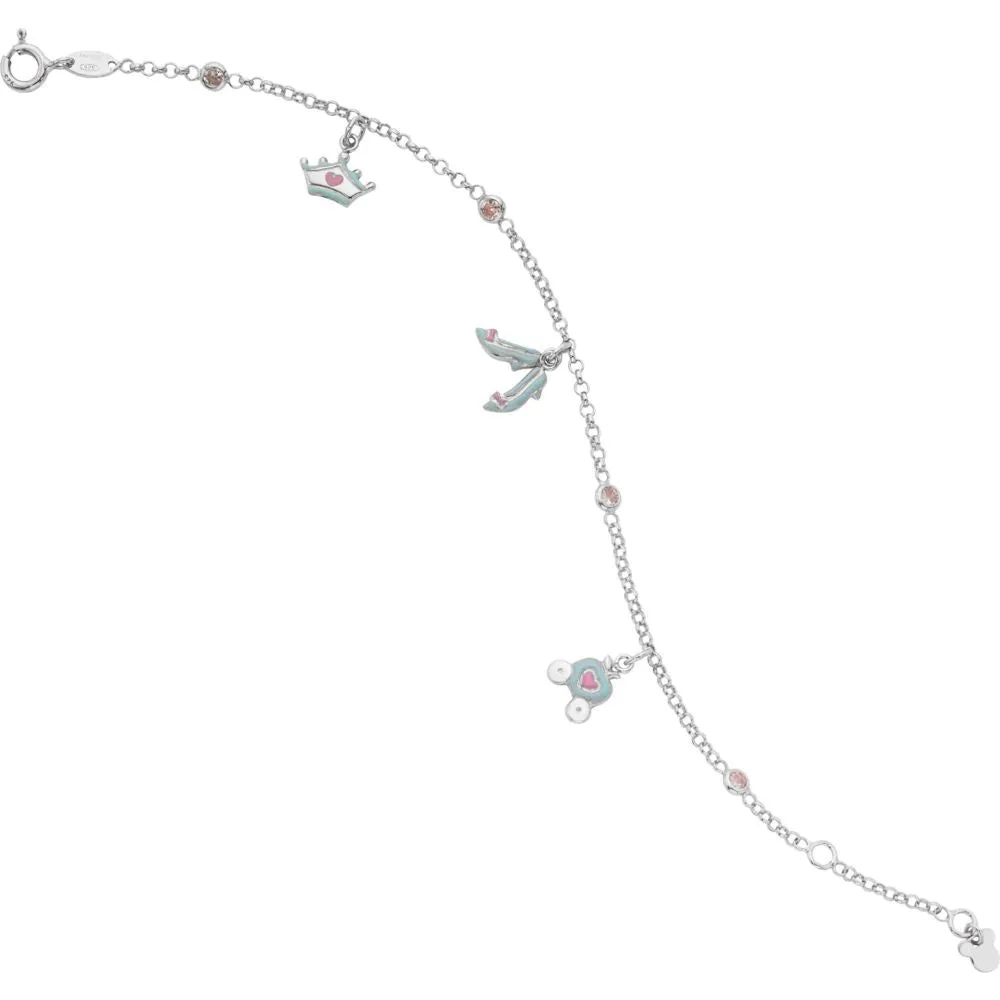Sterling Silver Cinderella Enamel & Pink Cubic Zirconia 5.5-7.5" Bracelet