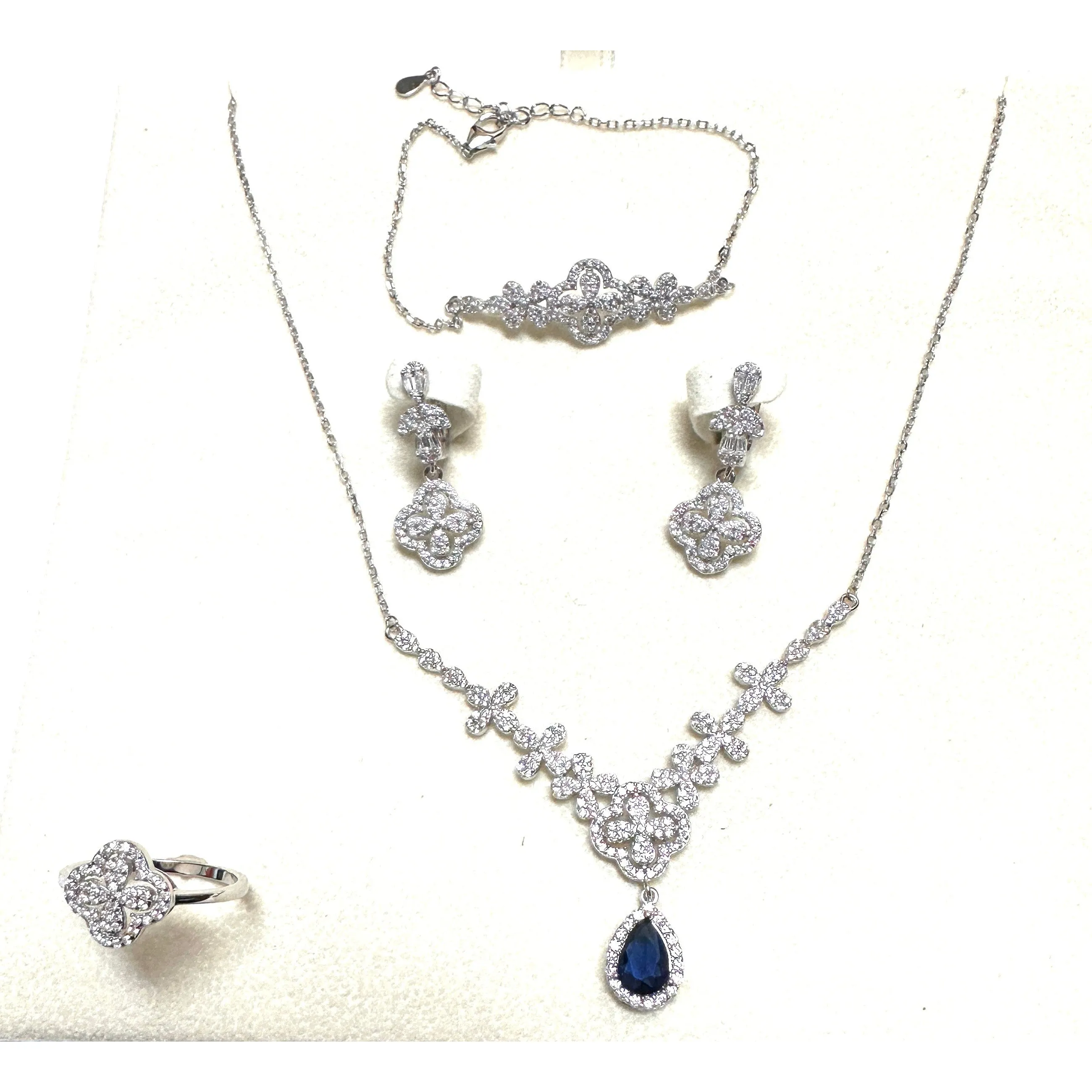 Sterling Silver Cubic Zirconia Necklace, Earrings, Ring and Bracelet Set